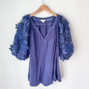 Umgee Navy Floral Lave Puff Sleeve Linen Top Sz L